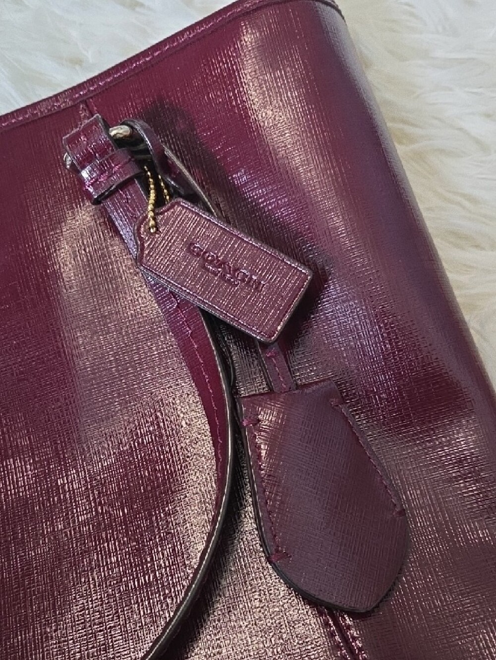 Coach Burgundy Patent Leather City Tote with Gold Accent - Picture 2 of 6